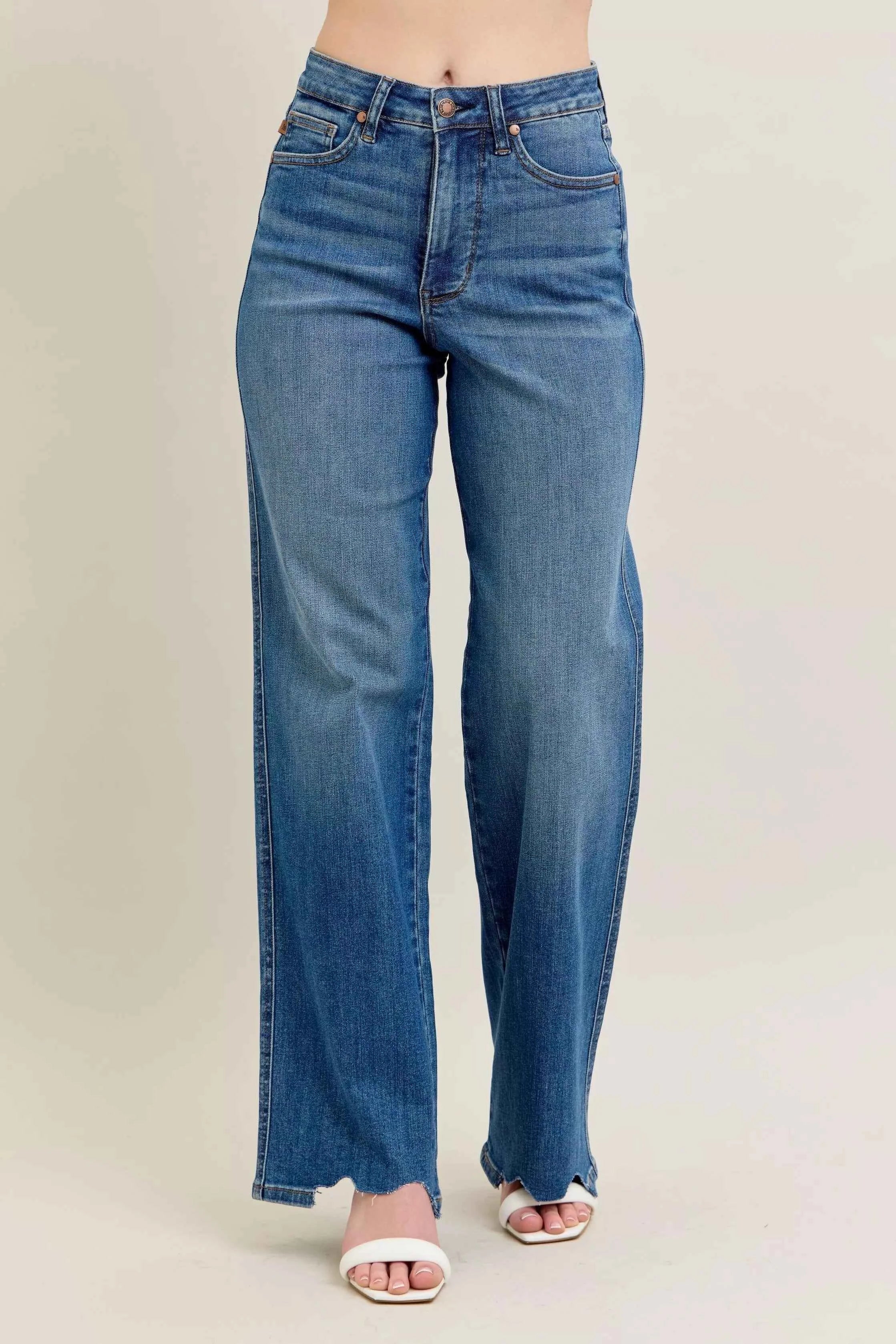 Judy Blue Full Size High Waist Tummy Control Chew Hem Destroy Wide Jeans Plus Size