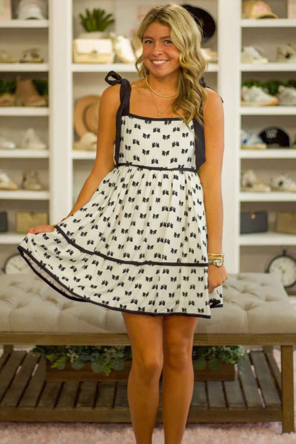 White Bow Knot Color Contrast Trim Knotted Shoulder Mini Dress