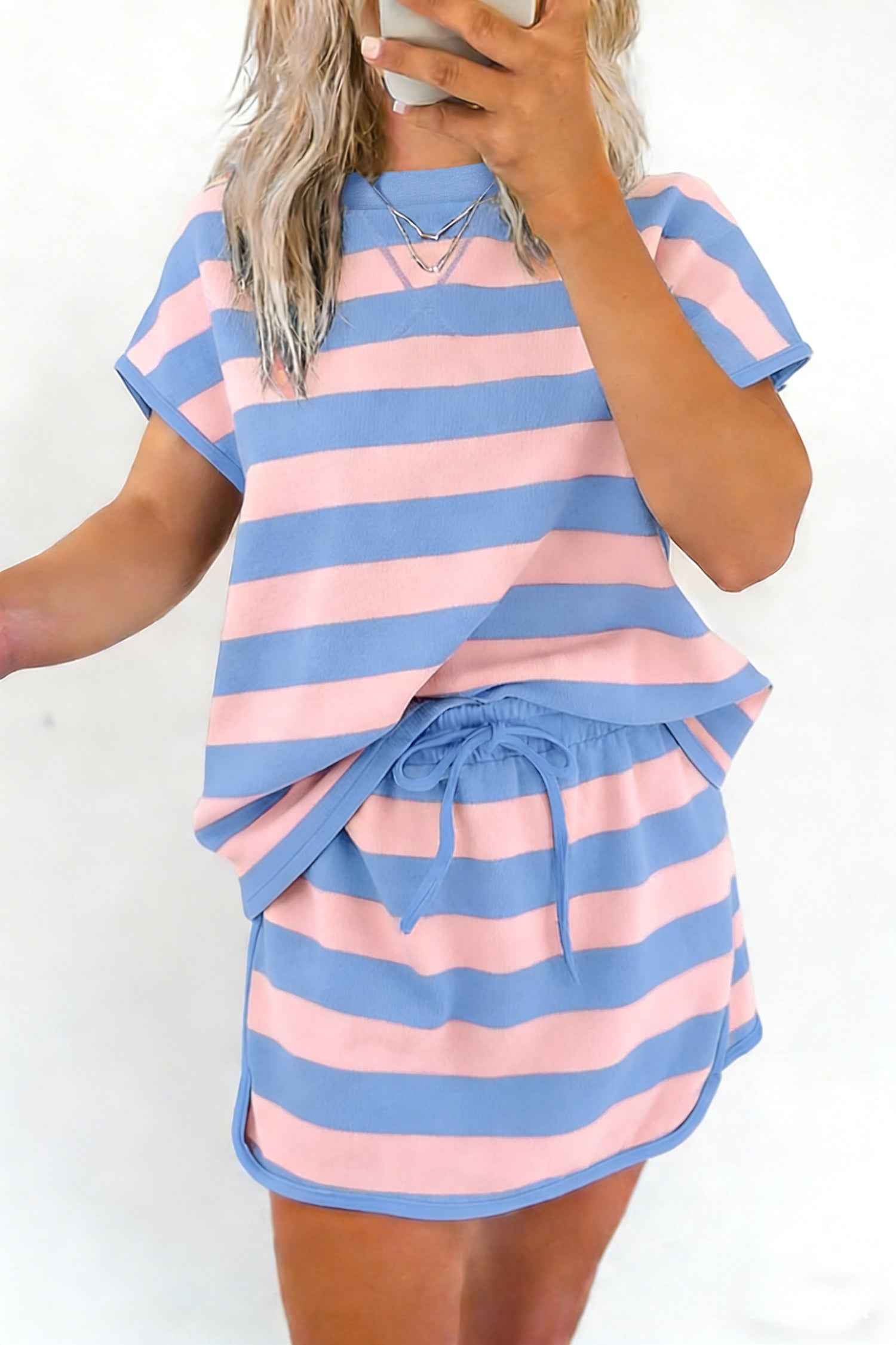 Yellow Stripe Dolman Tee Drawstring Skort Athletic 2pcs Set
