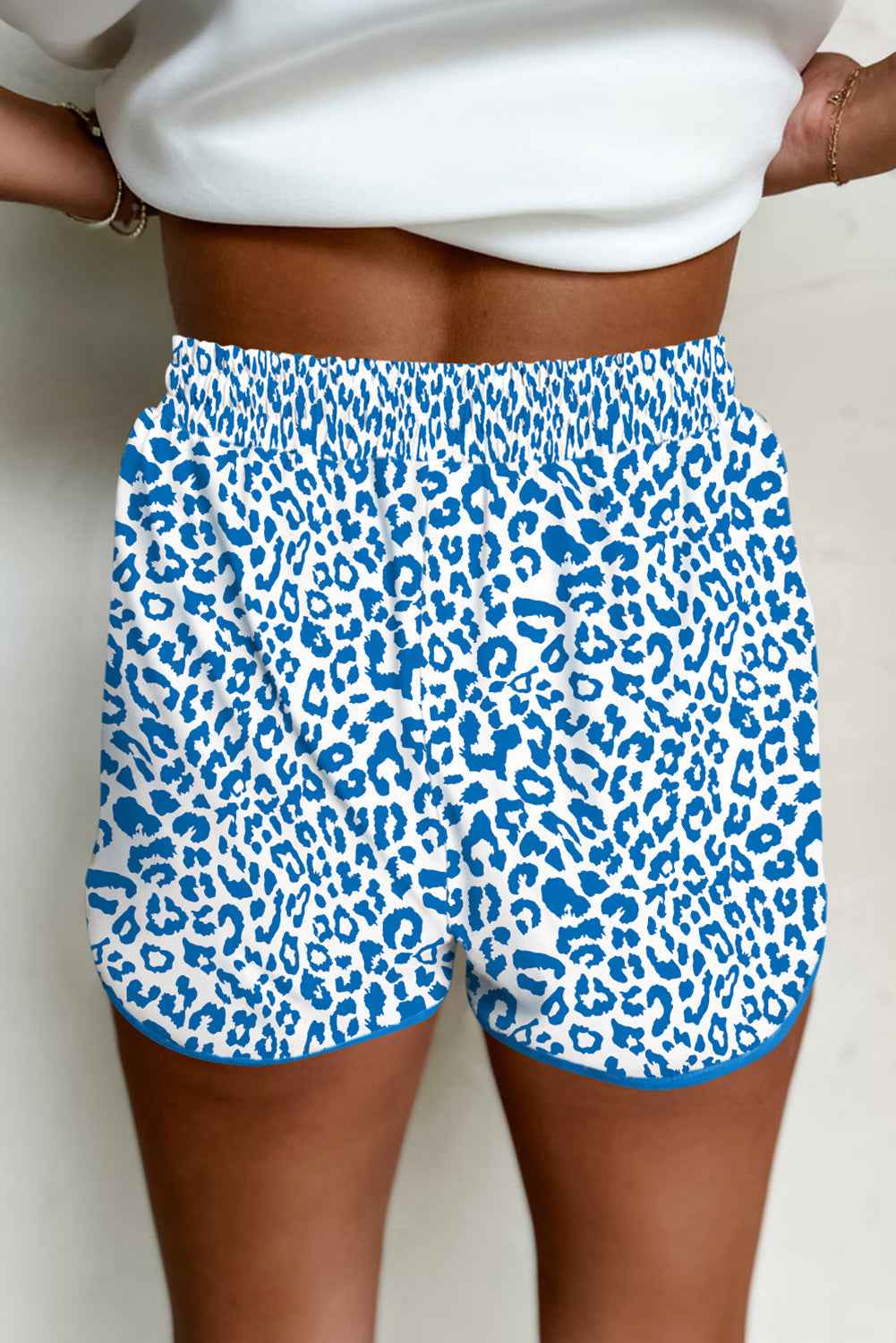 Blue Leopard Elastic Waistband Lace up Contrast Trim Casual Shorts
