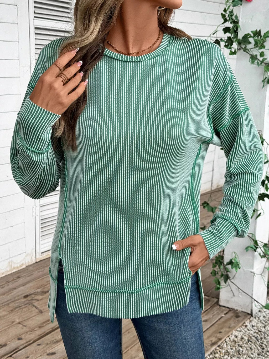 Side Slit Round Neck Sweatshirt
