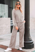Gray Morn Varsity Striped Detail Crewneck Pullover Elastic Sweatpants 2pcs Outfit