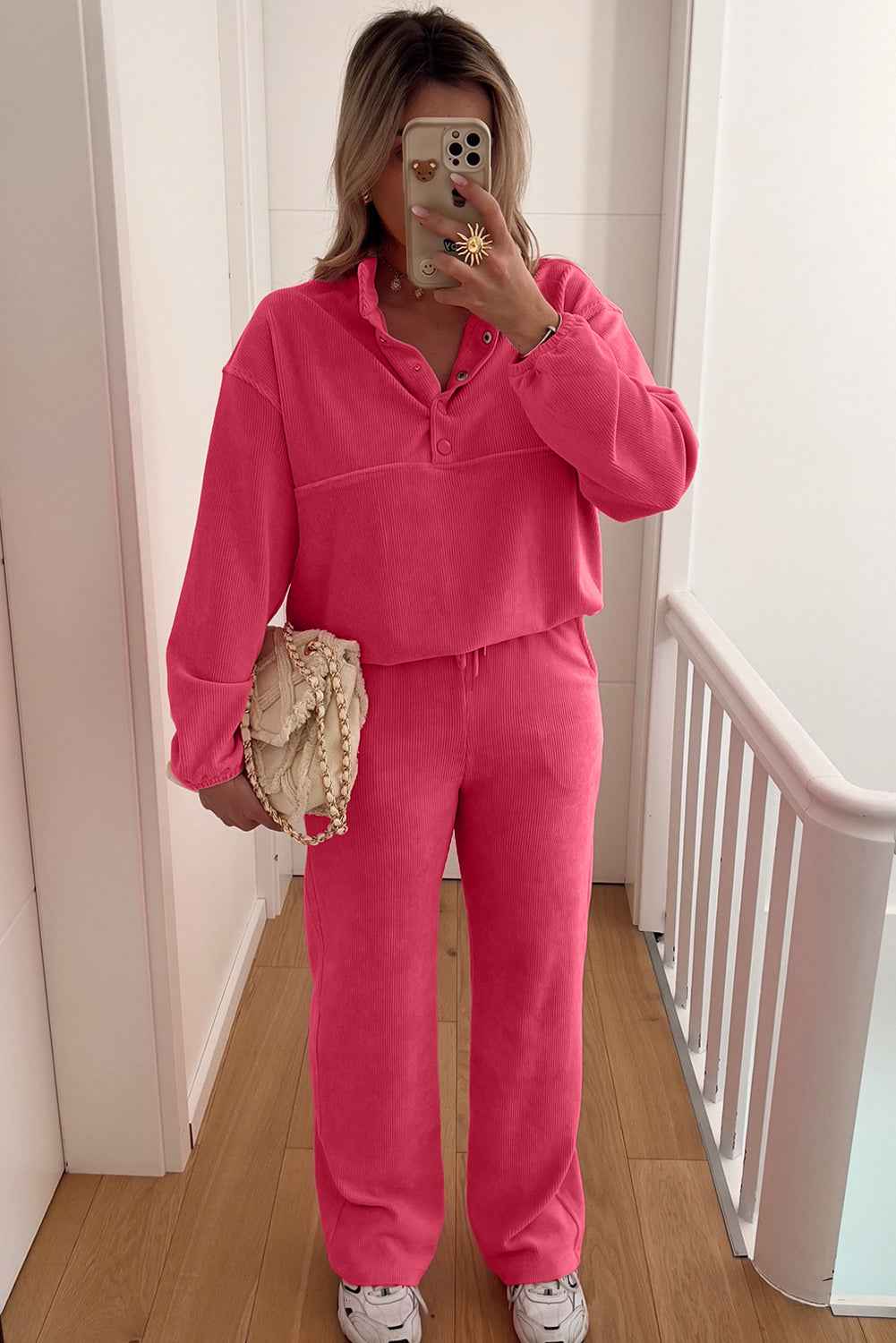 Peach Blossom Half Button Pullover Drawstring Pants Corduroy Set