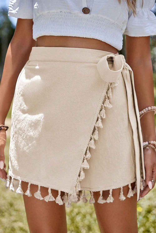 Apricot Tassel Trim Wrap Knot Side Bohemian Style Mini Skort by Wild and Free Boutique