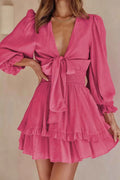 Elegant Tie-Front Ruffle Mini Dress with Smocked Wiast