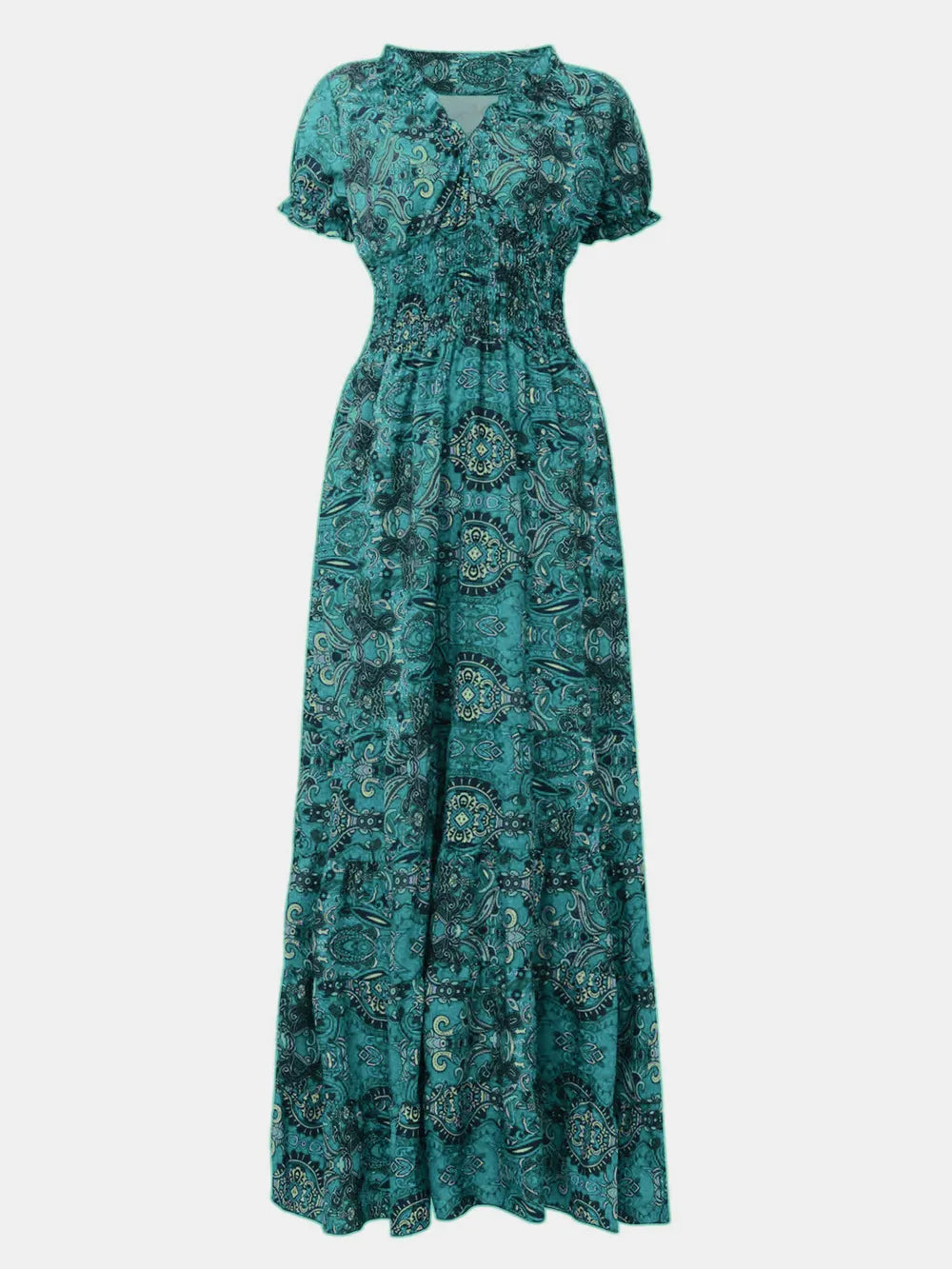 Smocked Printed V-Neck Short Sleeve Dress by Shopiebay