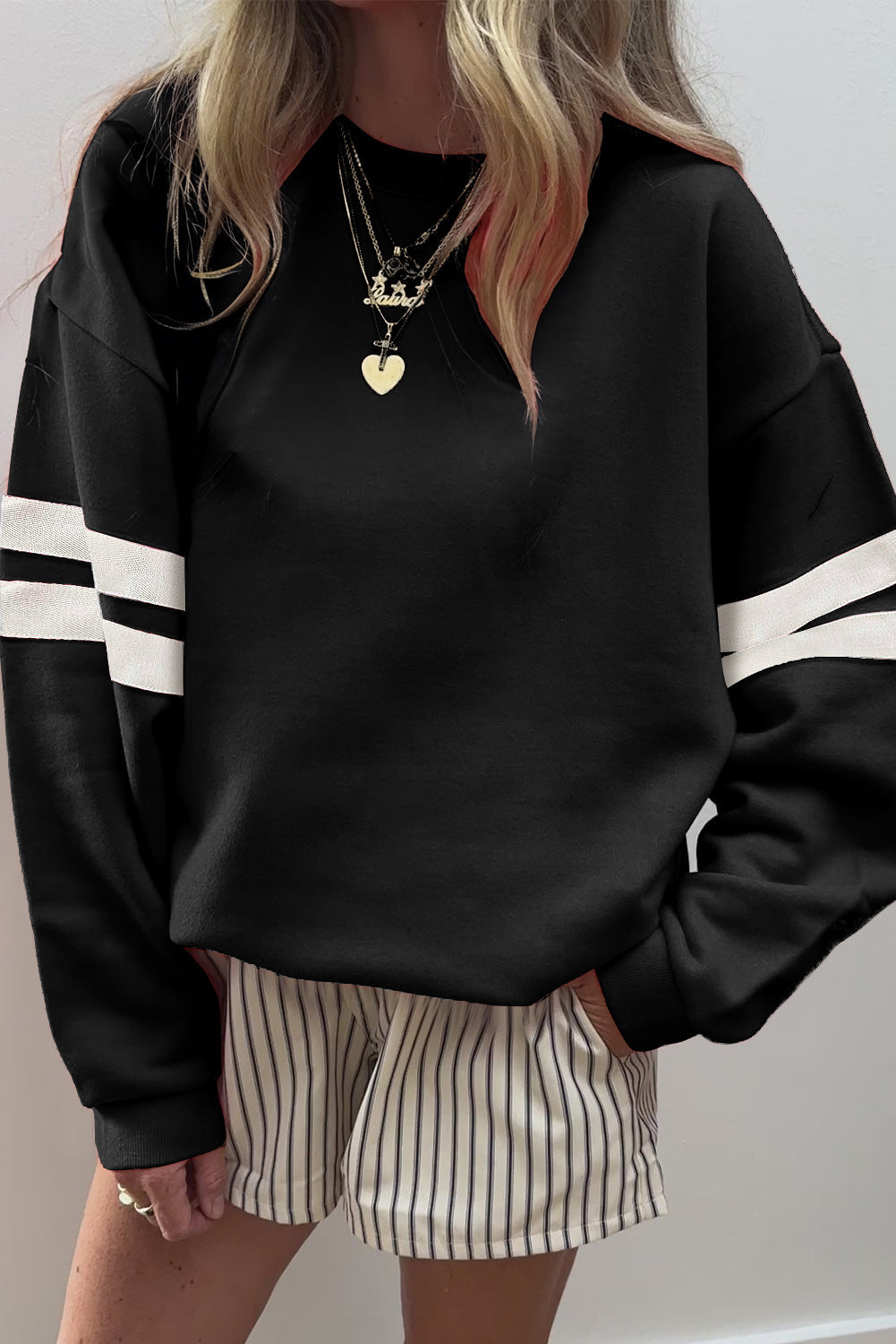 Fiery Red Preppy Striped Sleeve Loose Sweatshirt