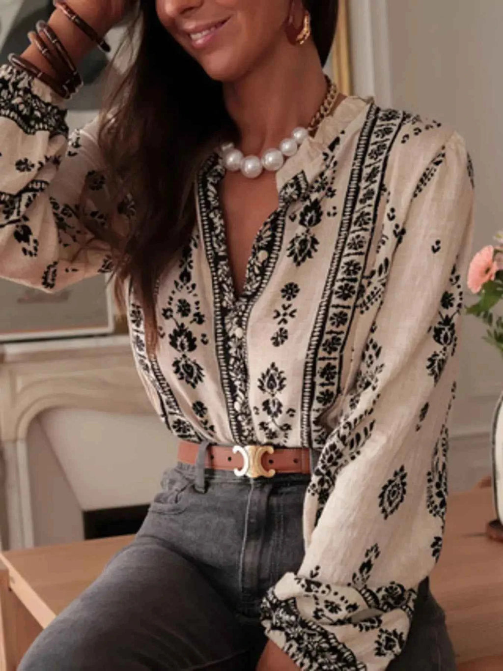 Printed Long Sleeve Boho Blouse