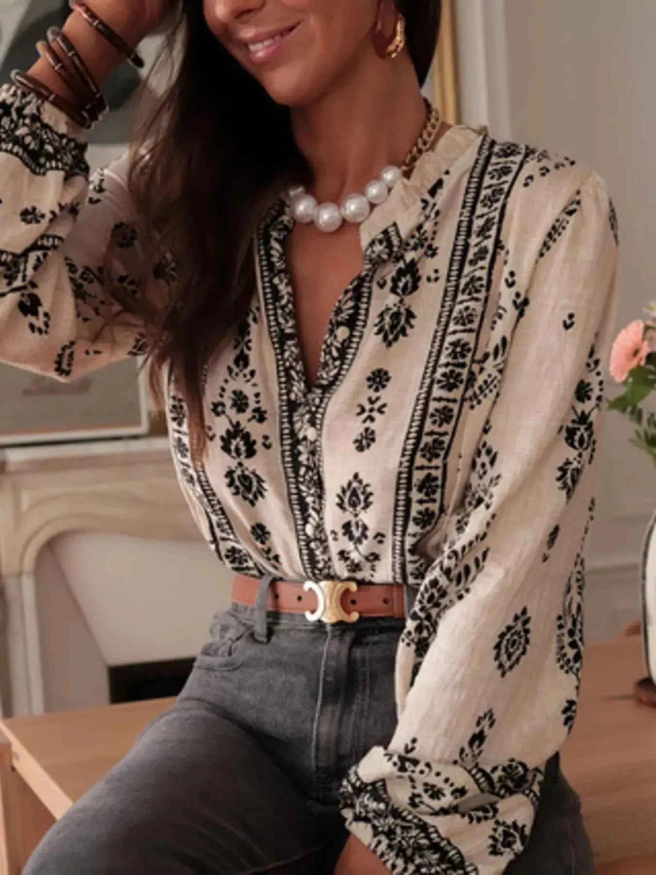 Printed Long Sleeve Boho Blouse