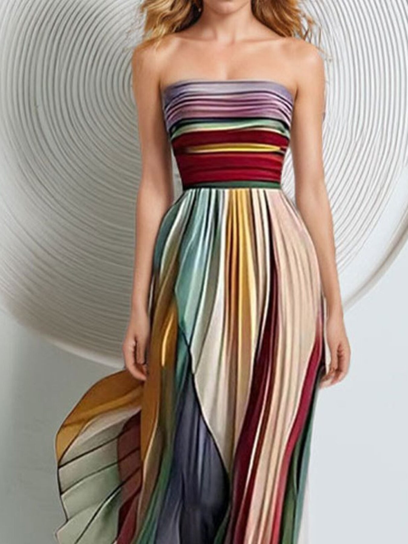 Striped Pleated Strapless Maxi Dress – Formal Sheath by Shopiebay