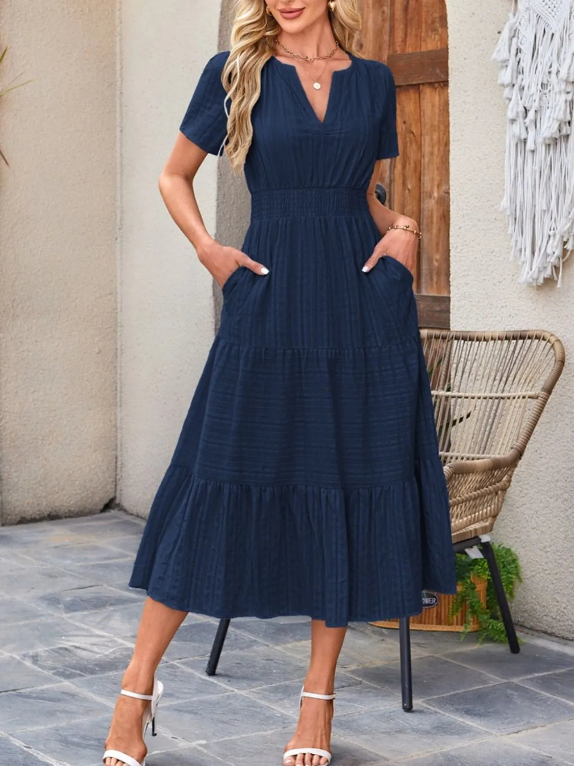 Tiered Notched Short Sleeve Dress by Shopiebay