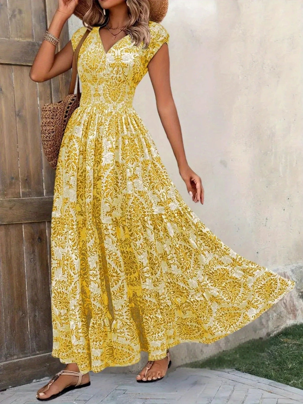 Printed Cap Sleeve Maxi Dress by Shopiebay