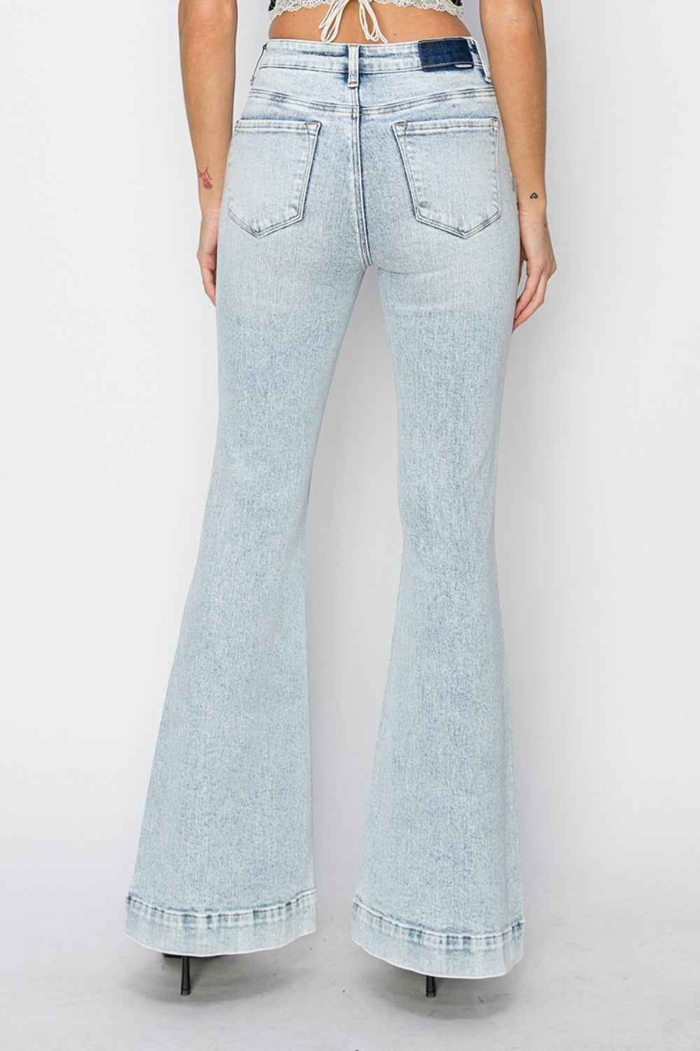 Risen Full Size High Rise Front Patch Pocket Flare Jeans