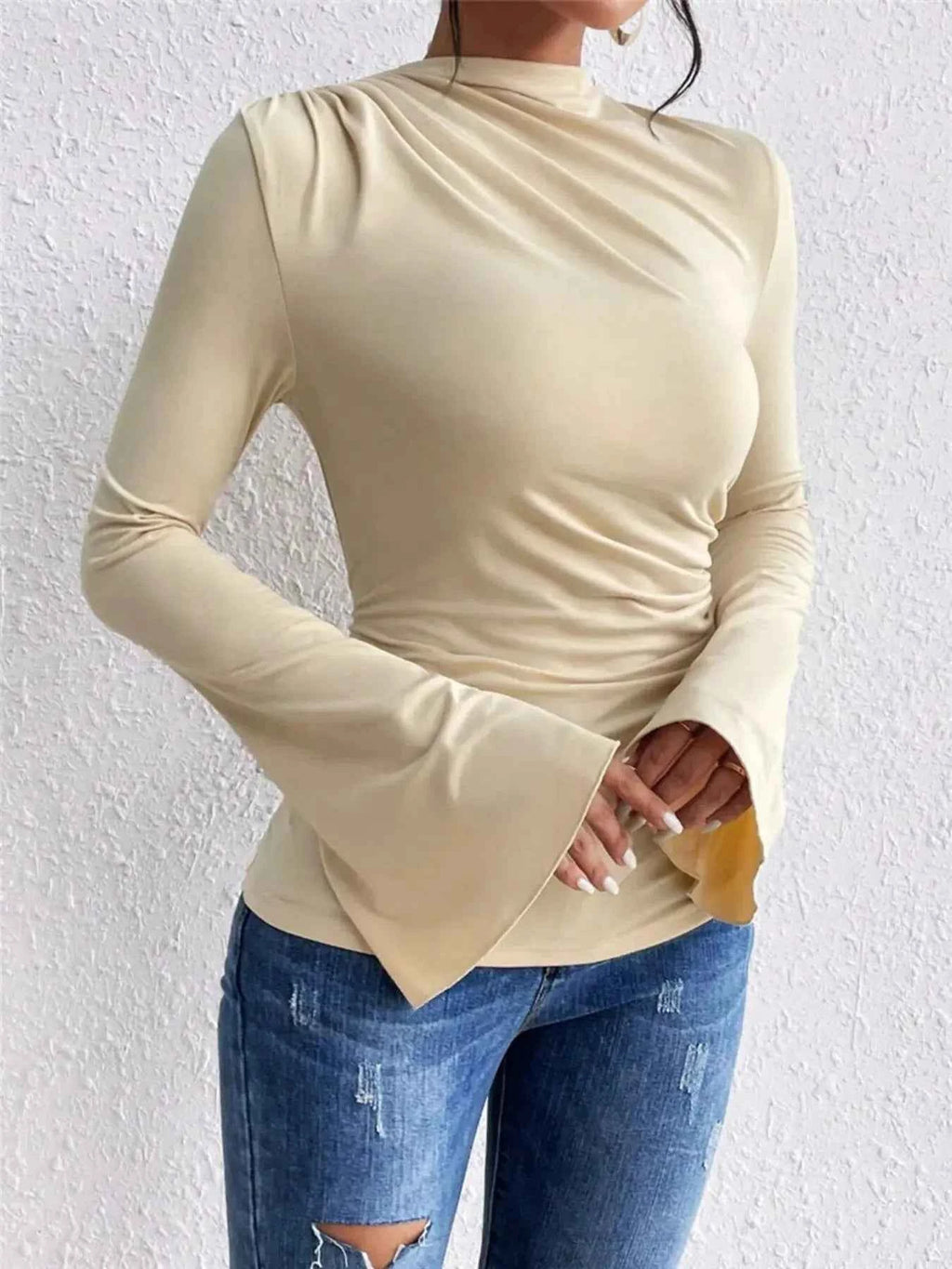 Bell Sleeve Fitted Ruched T Shirt with Mock Neck