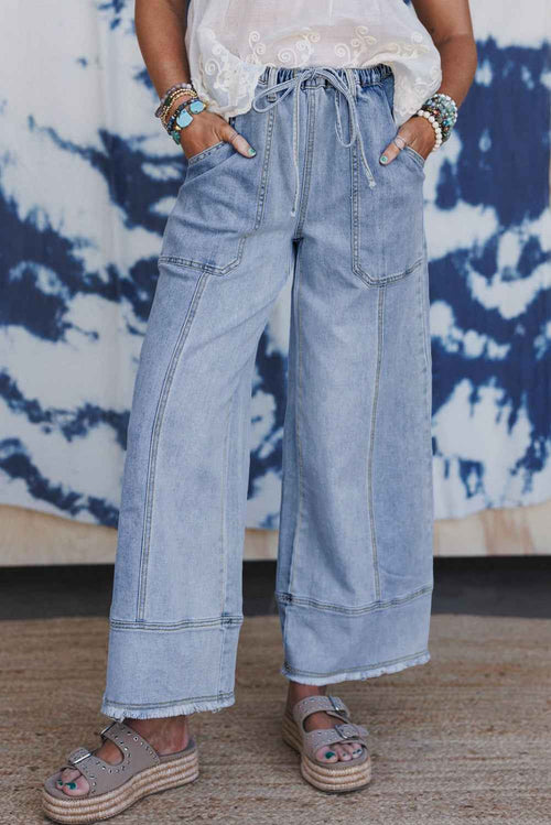 Beau Blue Drawstring Seam Detail Raw Hem Wide Leg Jeans by Wild and Free Boutique