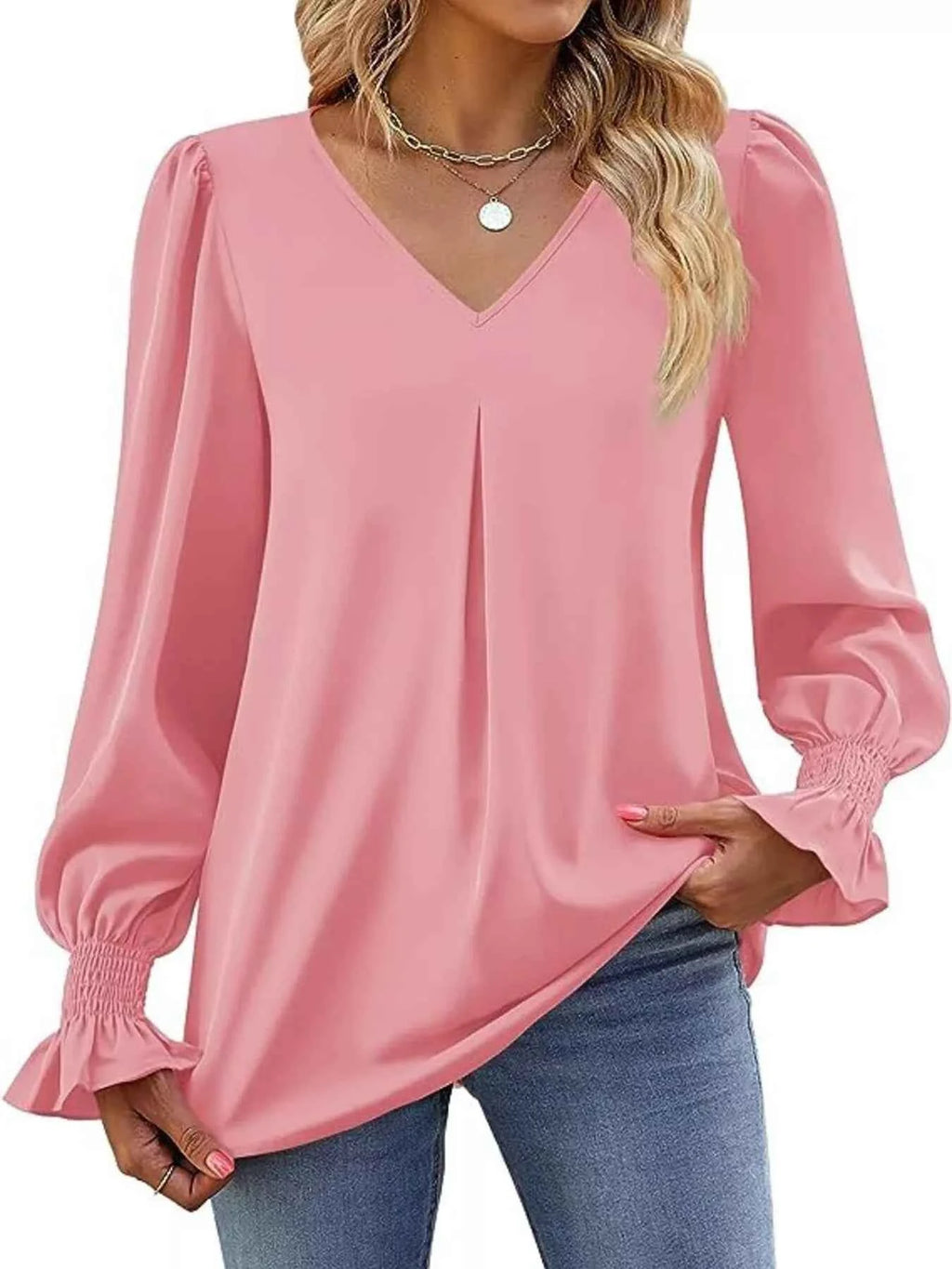 V-Neck Long Sleeve Ruffle Cuff Blouse
