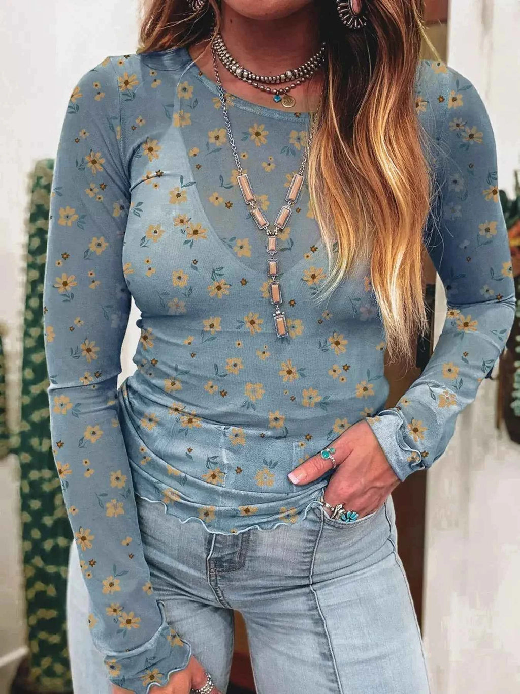 Floral Print Mesh Long Sleeve Top