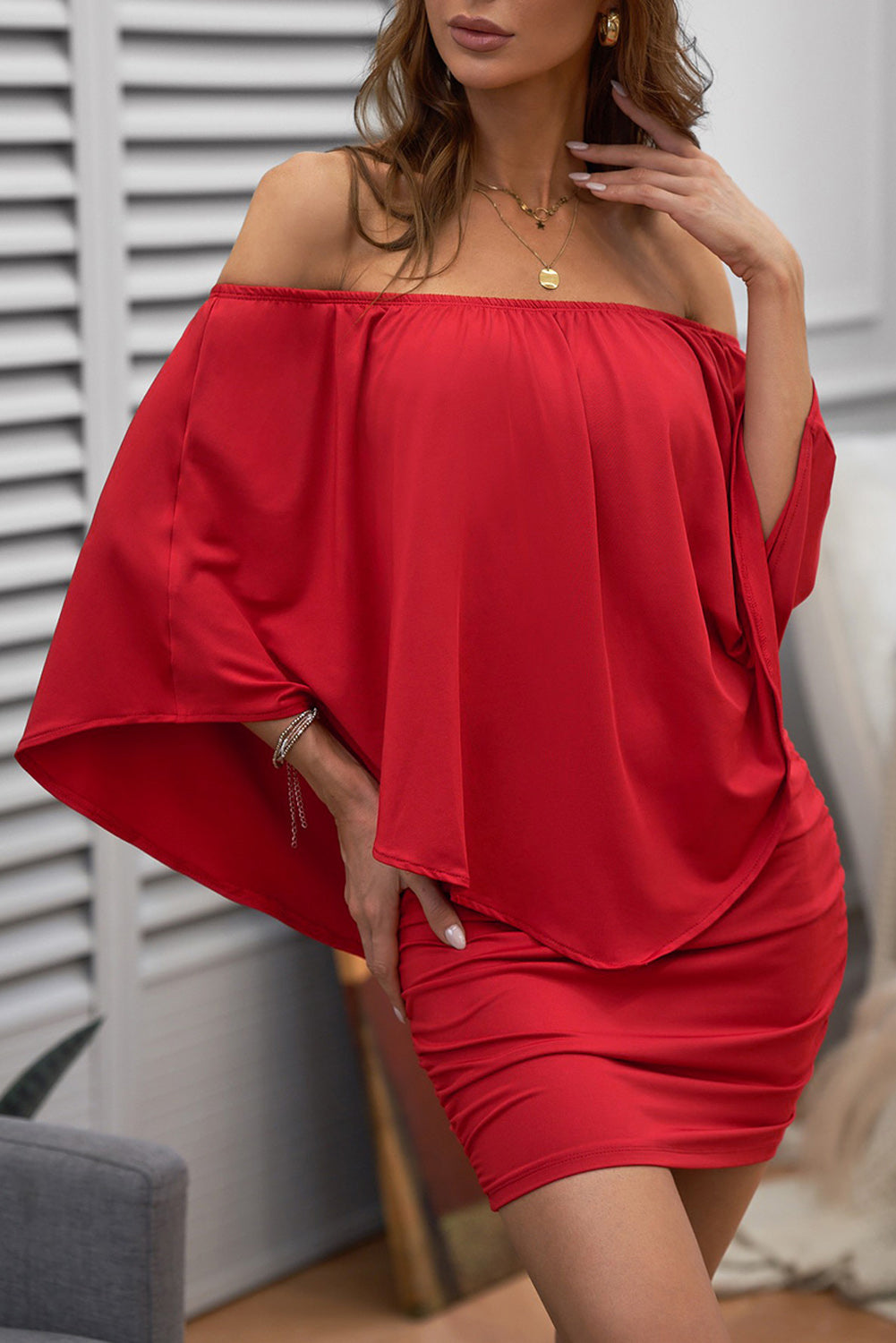 Plus size  Dressing Layered Fiery Red Mini Poncho Dress