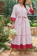 Red Stripe Plus Size Ruffled Hem Pinstriped Midi Dress