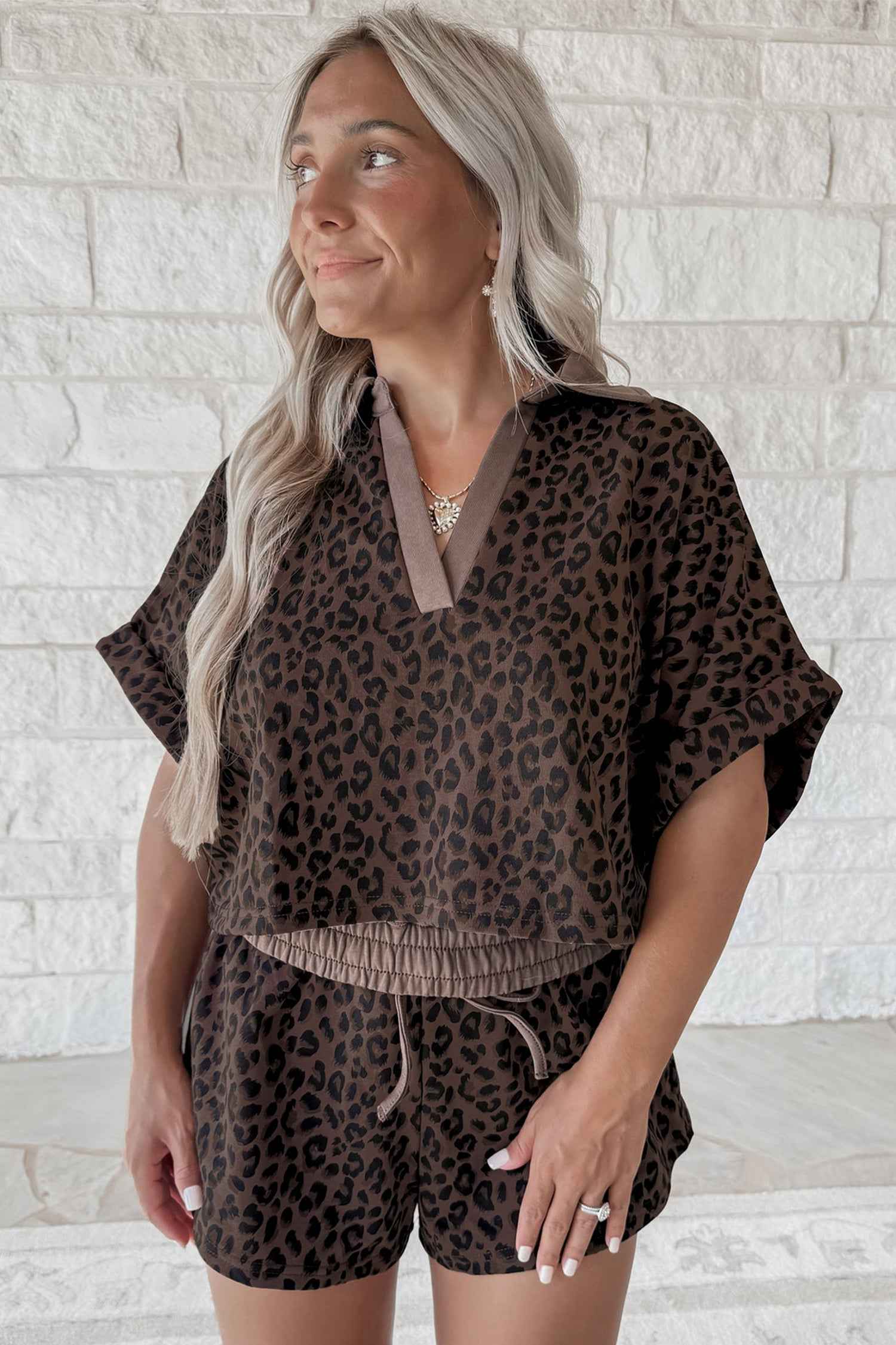 Brown V Neck Collar Leopard Printed 2pcs Short Set