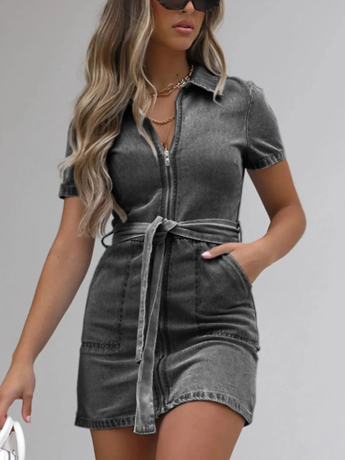 Full Size Zip Front Short Sleeve Denim Dress Plus Size by Selvanelle