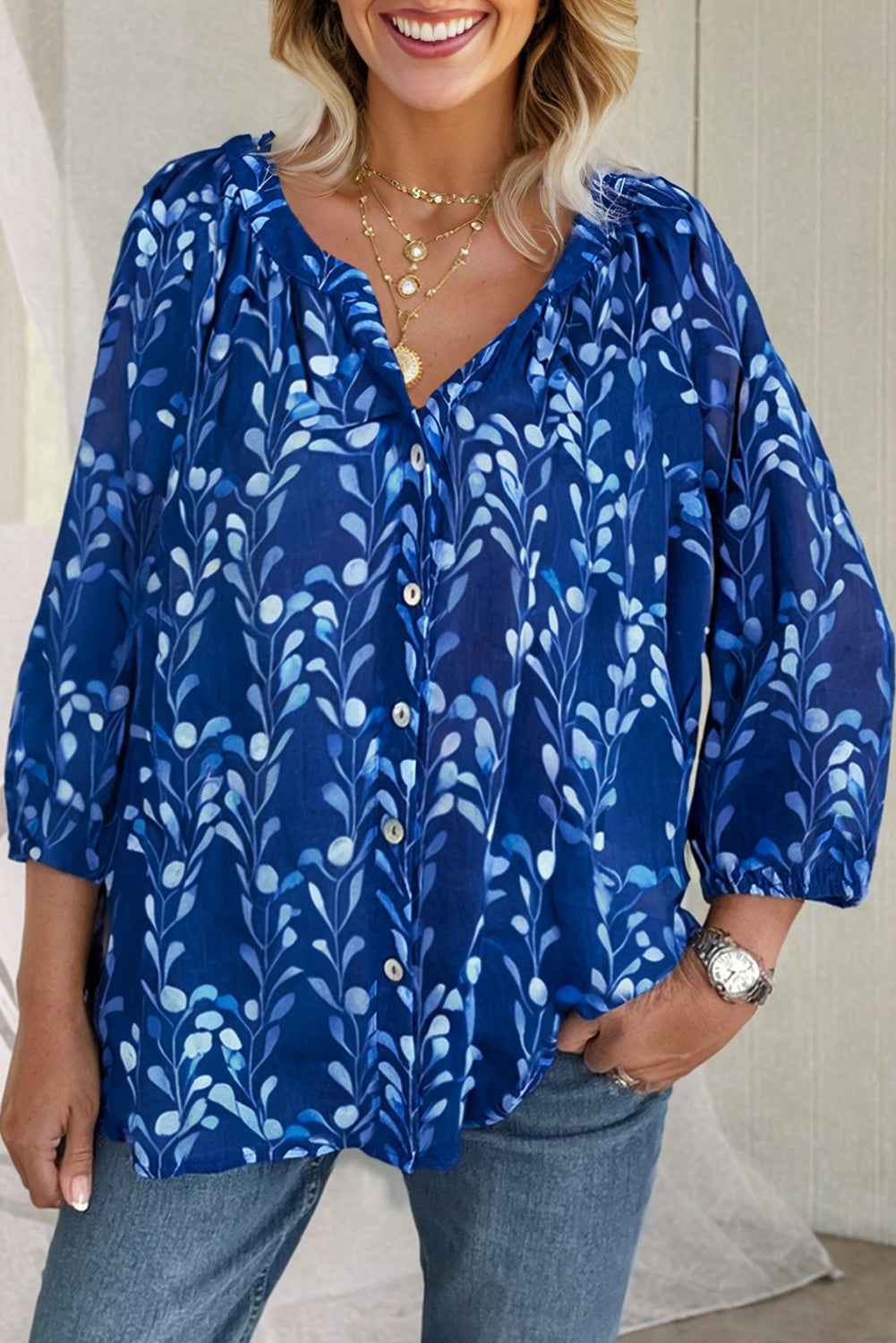 Blue Botanical Print Bracelet Sleeve Notched Neck Blouse