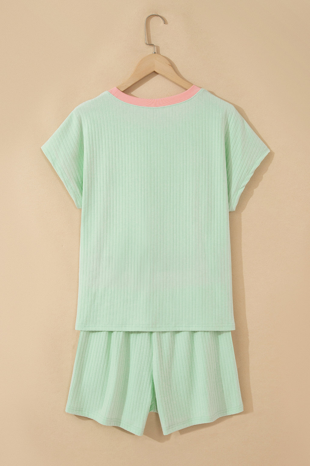Clearly Aqua Soft Ribbed Color Block Trim Casual Short Set by Dear-Lover Dropshipping