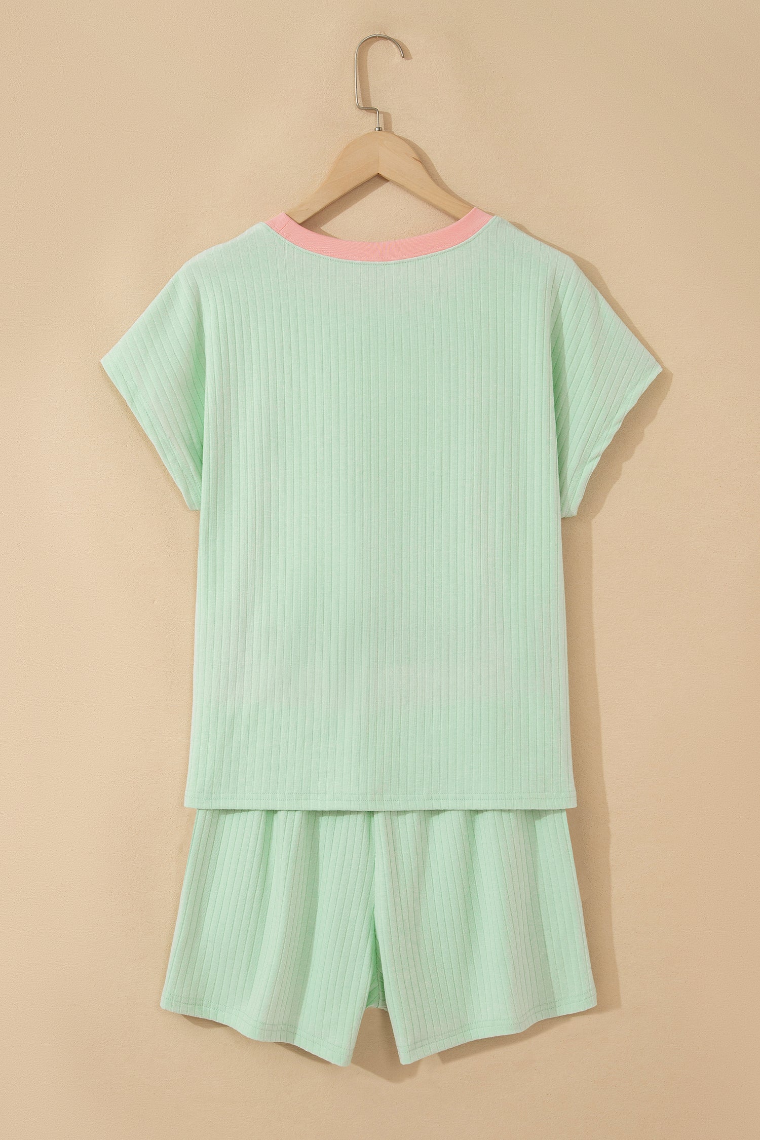 Clearly Aqua Soft Ribbed Color Block Trim Casual Short Set by Dear-Lover Dropshipping