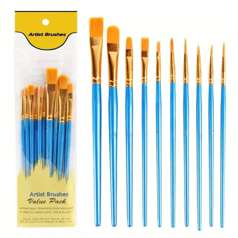 10-Pieces: Artist Paintbrush Nylon Round Pointed Flat Head Set by DailySale