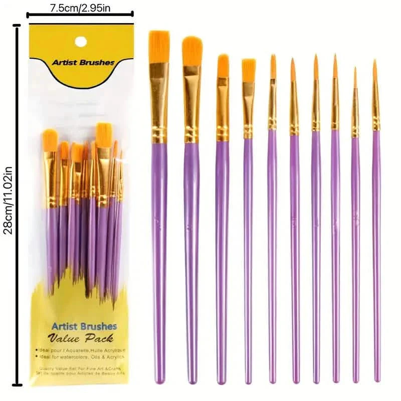 10-Pieces: Artist Paintbrush Nylon Round Pointed Flat Head Set by DailySale