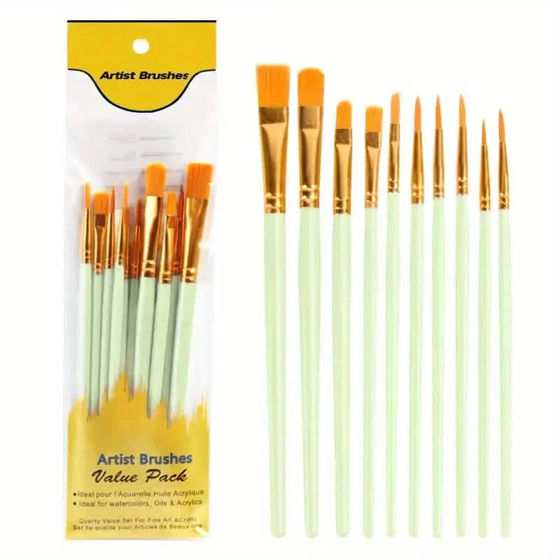 10-Pieces: Artist Paintbrush Nylon Round Pointed Flat Head Set by DailySale