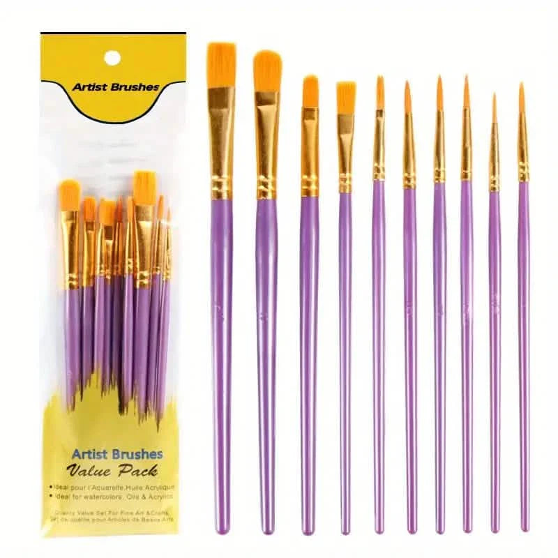 10-Pieces: Artist Paintbrush Nylon Round Pointed Flat Head Set by DailySale
