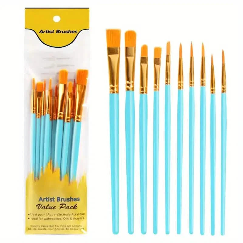 10-Pieces: Artist Paintbrush Nylon Round Pointed Flat Head Set by DailySale