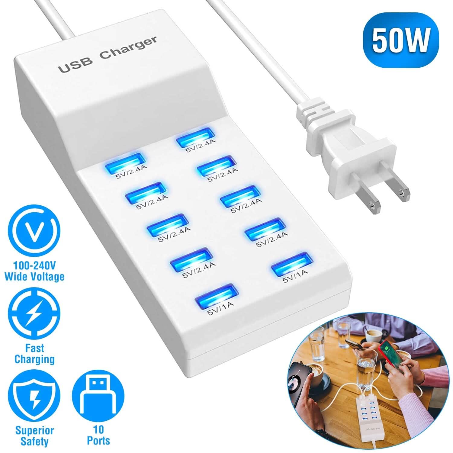 10-Ports 50W USB Wall Fast Charging Power Adapter by DailySale