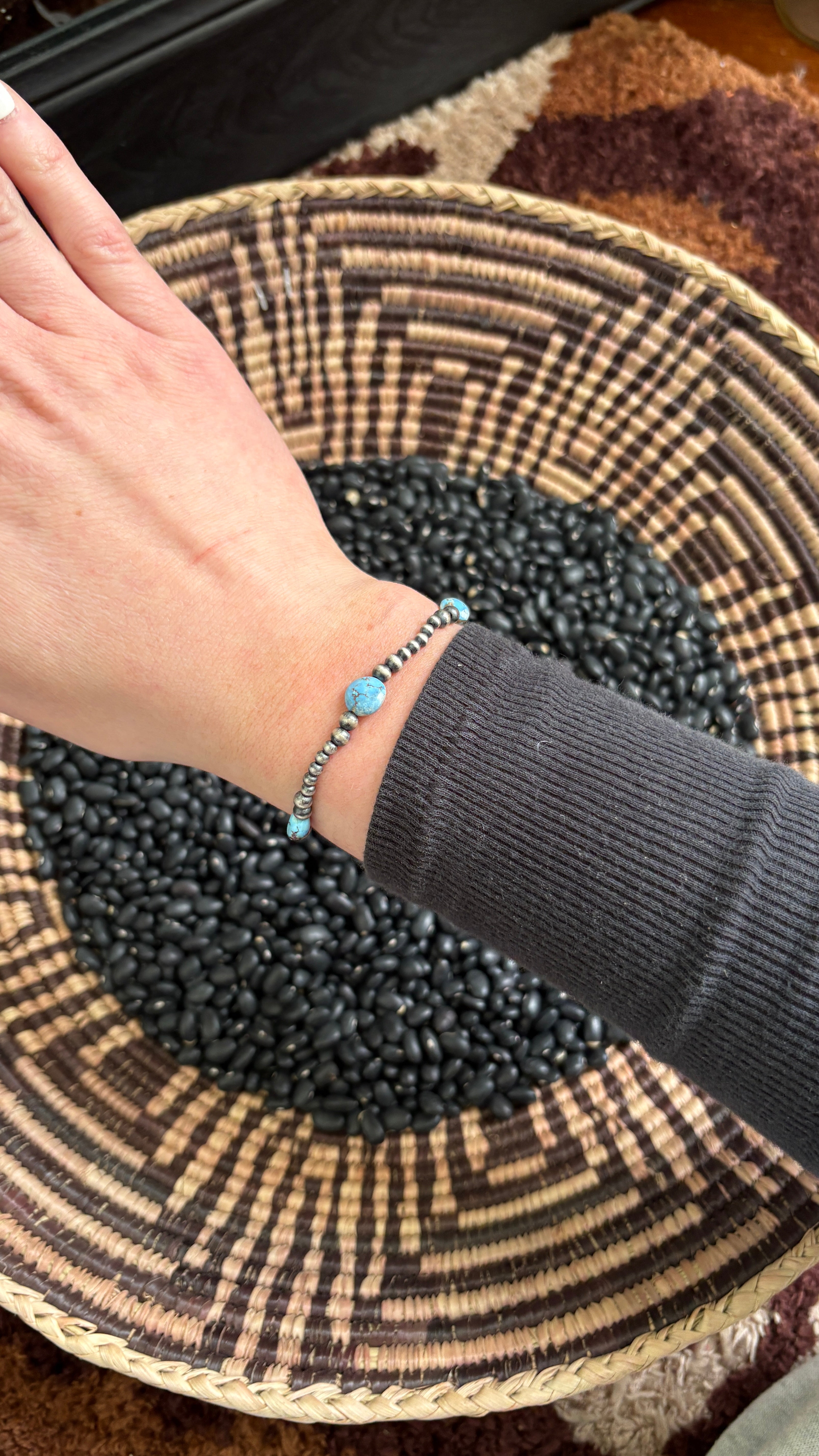 STERLING SILVER PEARL STRETCH BRACELET W GOLDEN HILLS TURQUOISE BEADS by The Sterling Spur