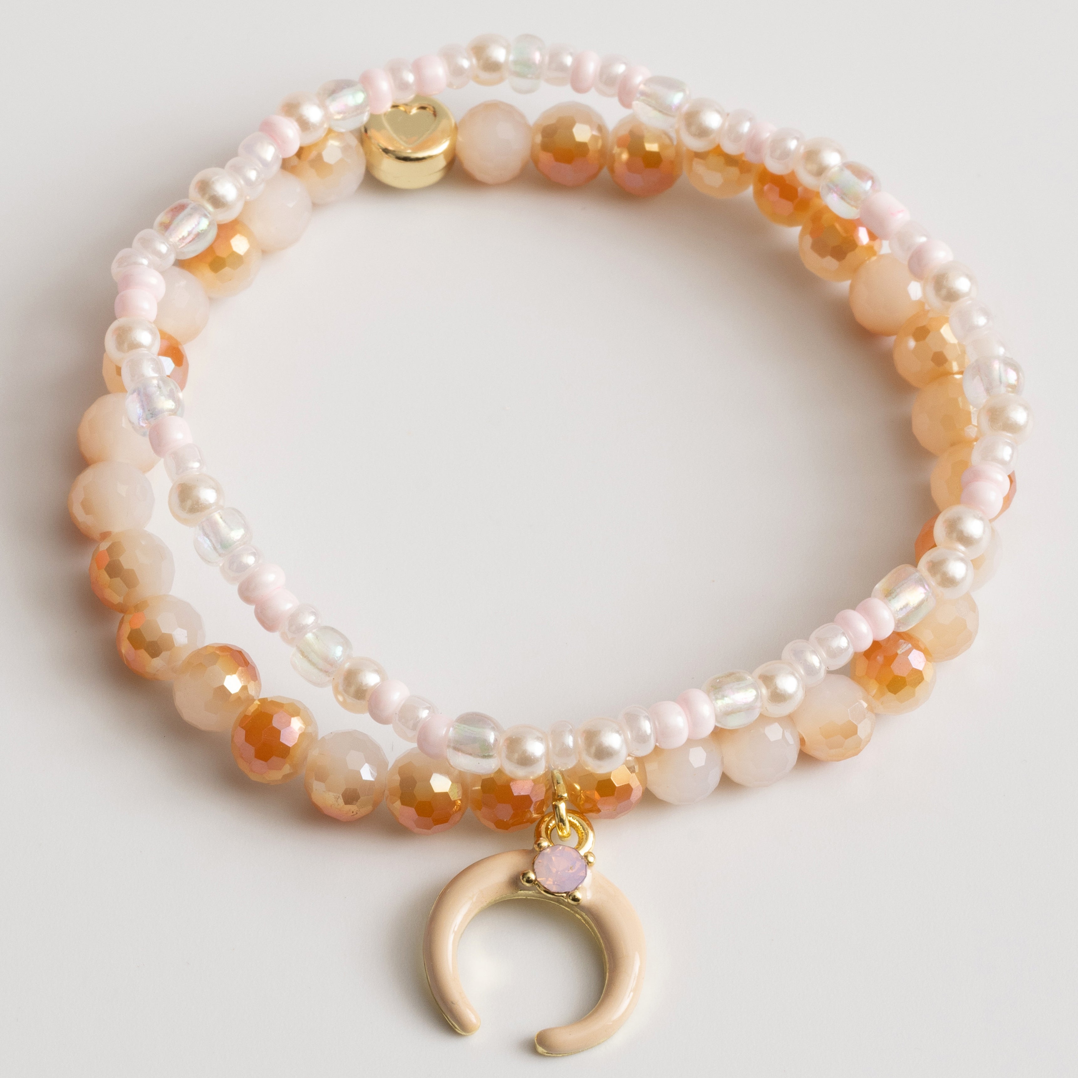 Bohemian Jewelry Blush Pink Beaded Bracelet Set with Naja Crescent Moon Charm