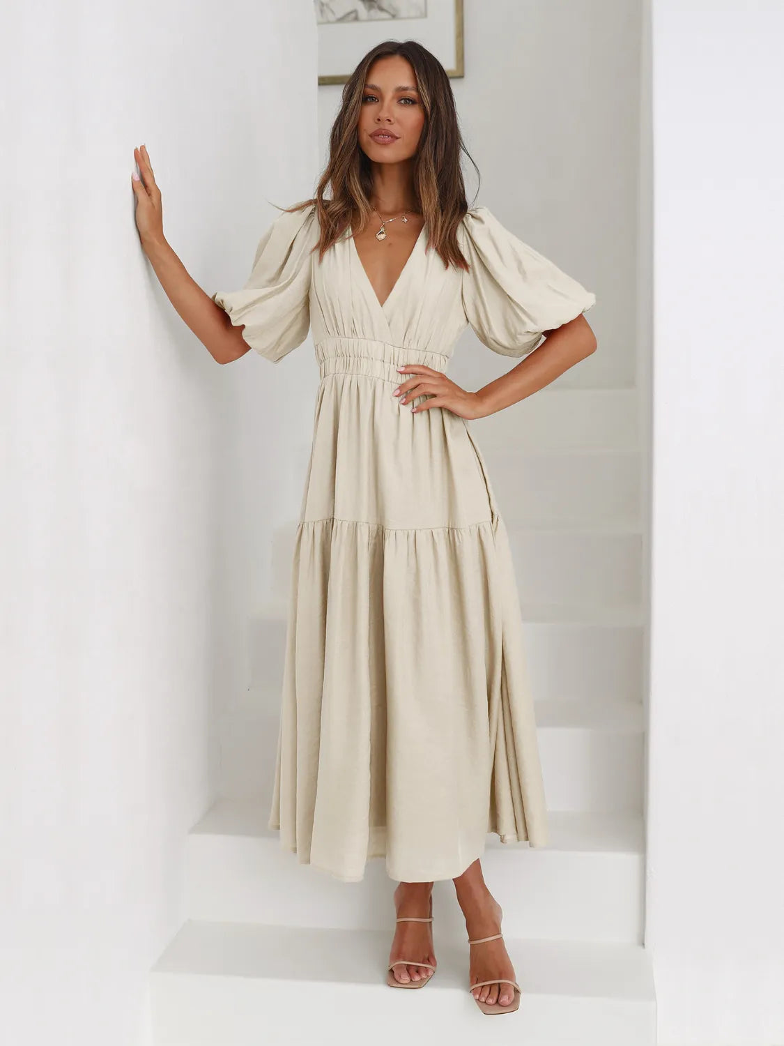 Tiered Surplice Half Sleeve Midi Dress by Shopiebay
