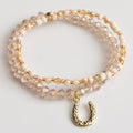 Bohemian Jewelry Neutral Crystal Bead Gold Horseshoe Charm Stretch Bracelet Duo