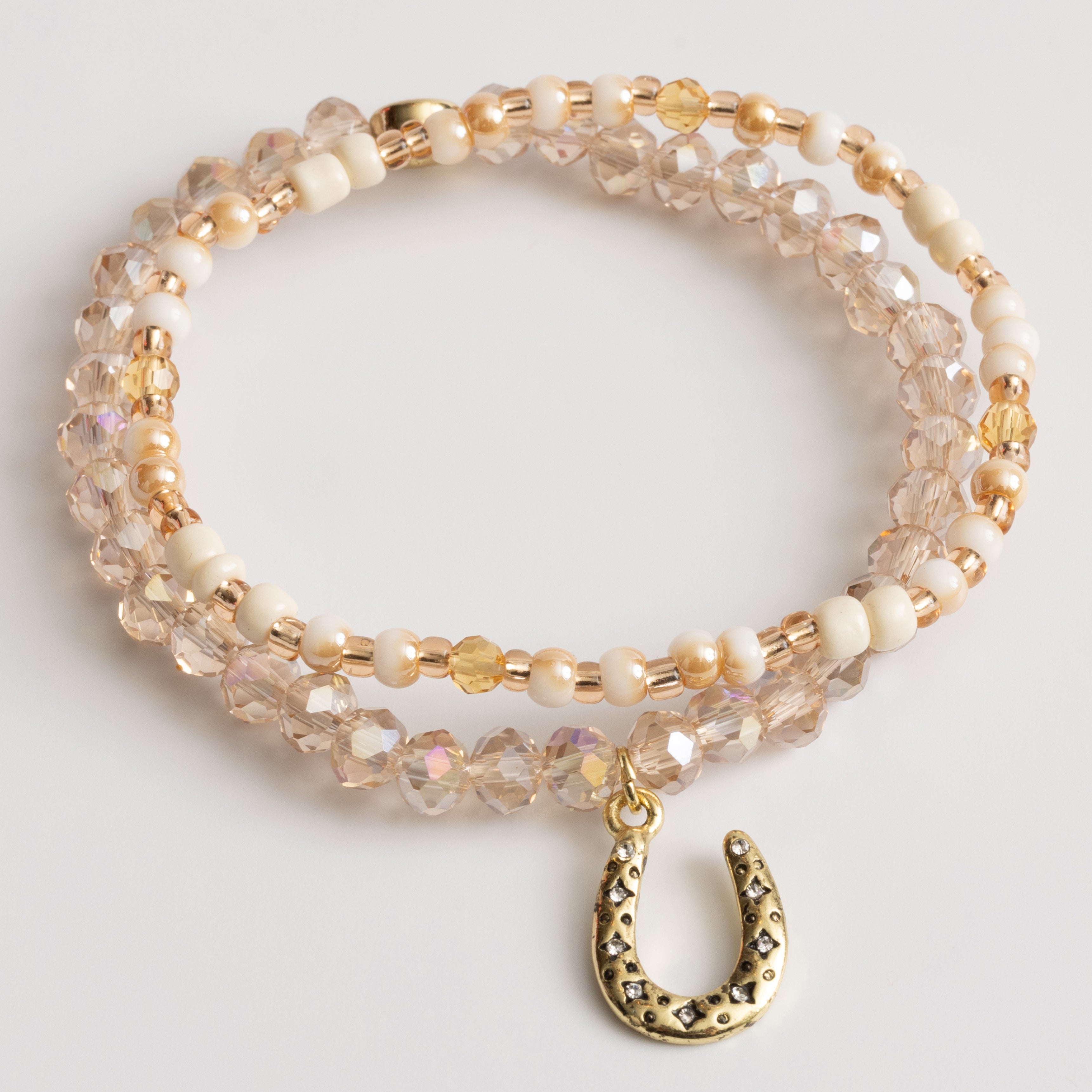 Bohemian Jewelry Neutral Crystal Bead Gold Horseshoe Charm Stretch Bracelet Duo