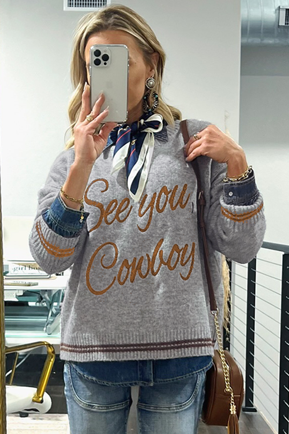 Peach Blossom Letter Embroidered Graphic Sweater