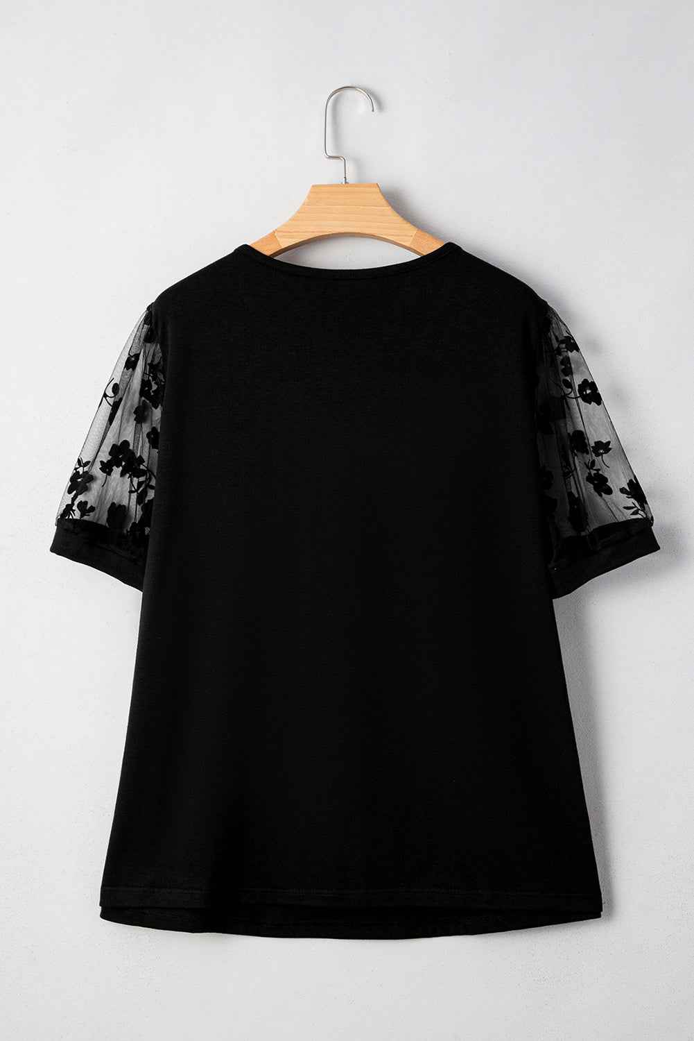 Black Plus Size Floral Mesh Patchwork Loose V Neck T Shirt