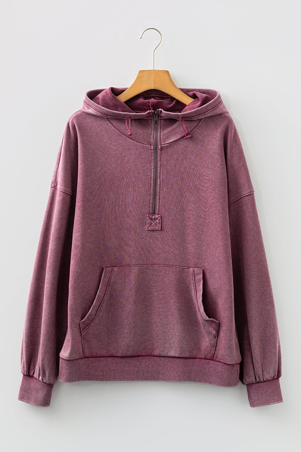 Black Half Zip Kangaroo Pocket Mineral Wash Baggy Hoodie