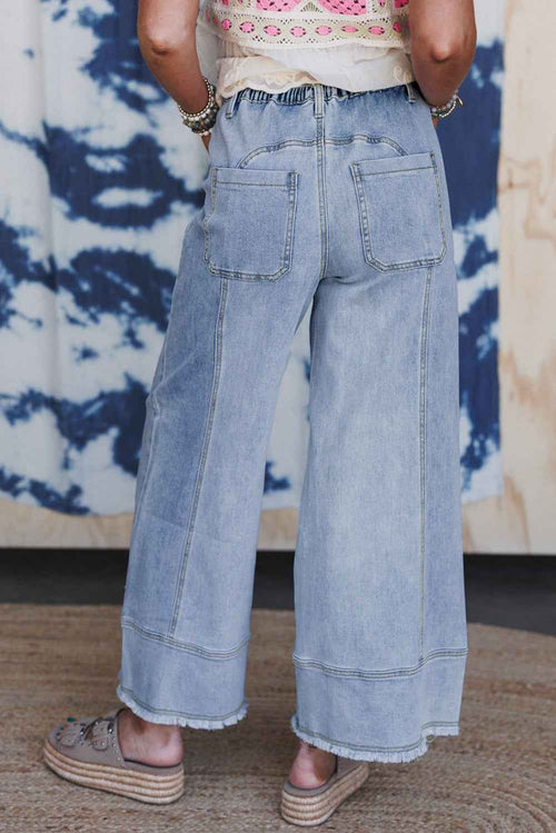 Beau Blue Drawstring Seam Detail Raw Hem Wide Leg Jeans by Wild and Free Boutique