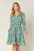 Double Take Full Size Printed Drawstring Waist Long Sleeve Dress