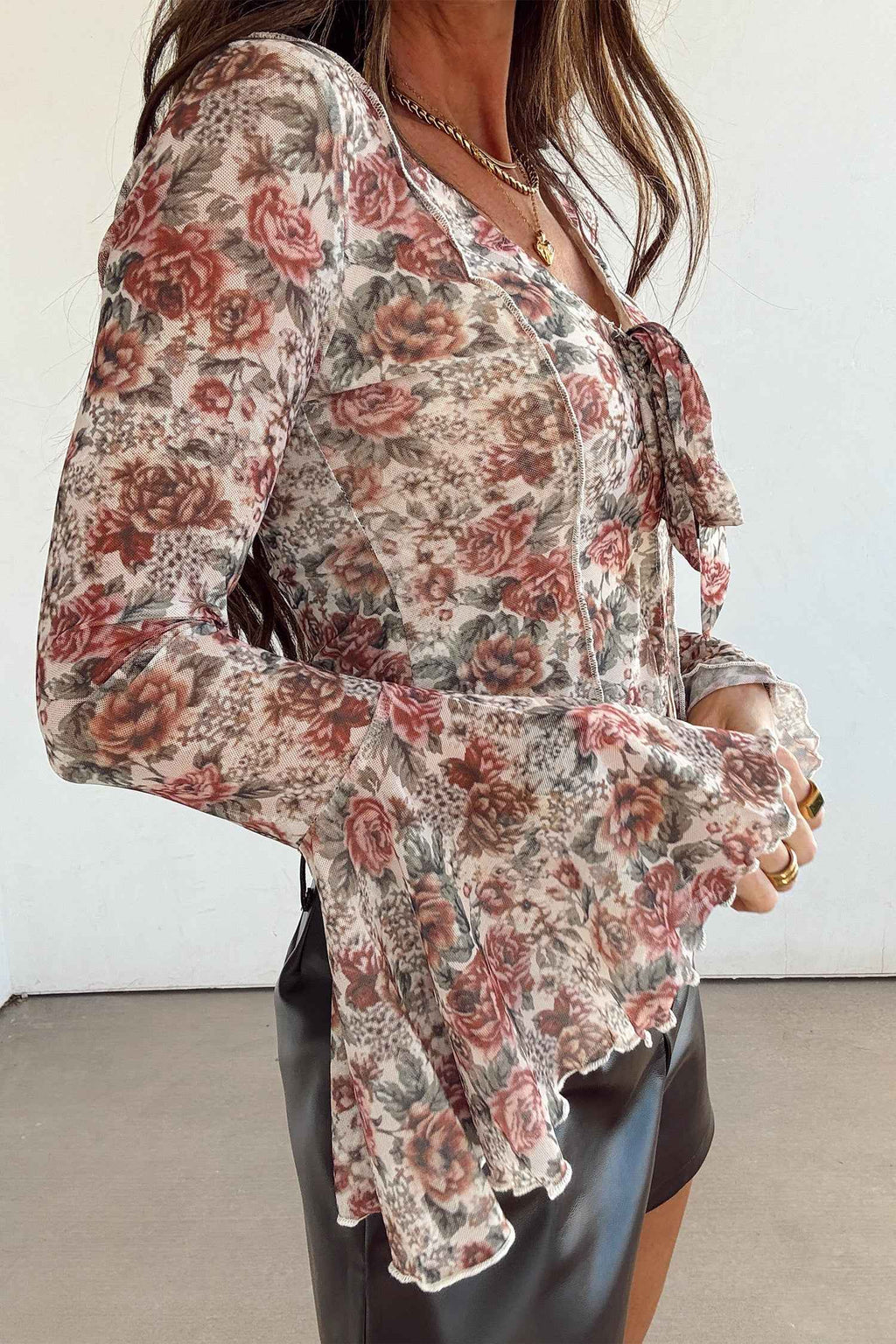 Red Floral Print Stitched Detail Tie V Neck Long Bell Sleeve Blouse