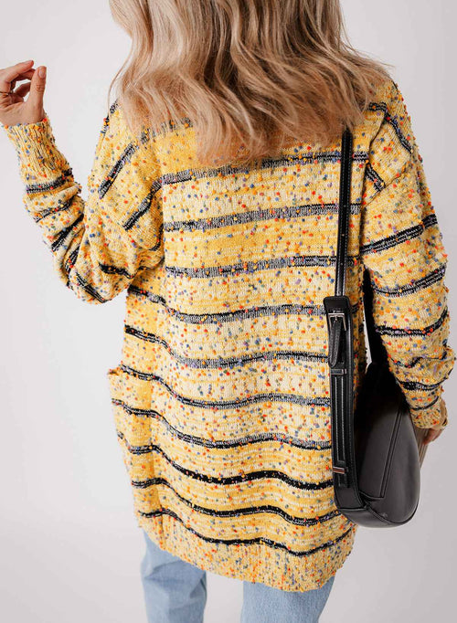 Beige Striped Pom Pom Knit Open Front Long Cardigan by Wild and Free Boutique