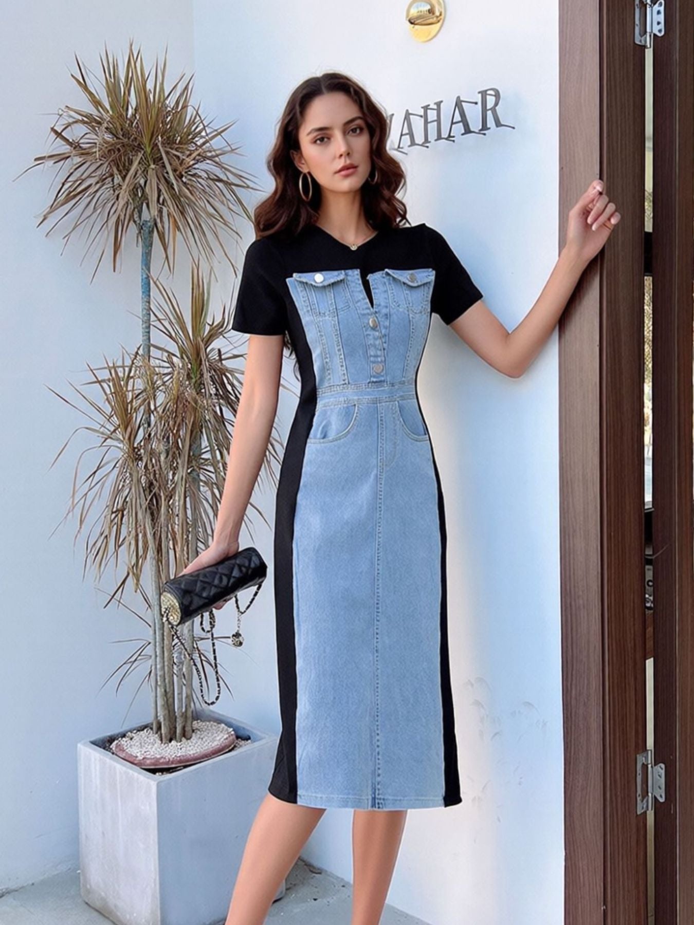 Full Size Denim Patchwork Short Sleeve Slit Back Dress Plus Size by Shopiebay