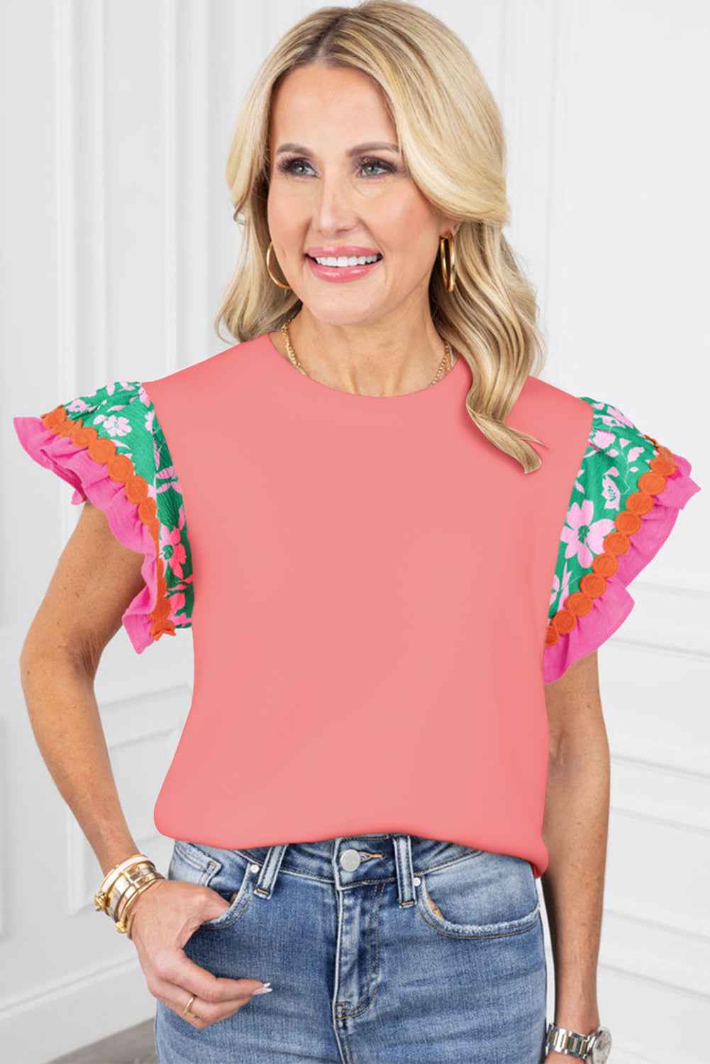Peach Blossom Contrast Ricrac Floral Sleeve Top