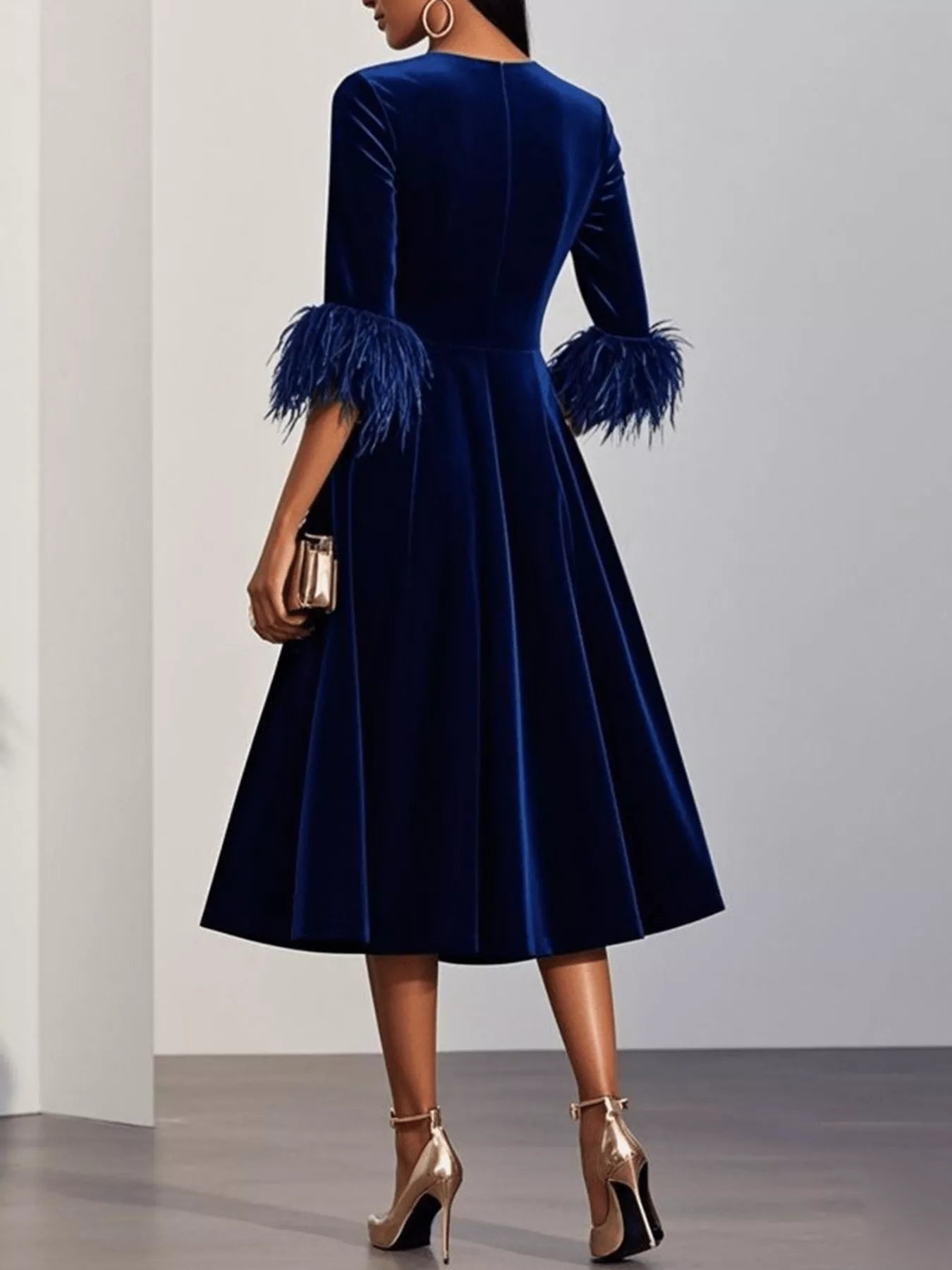 Velvet Midi Dress with Feather Cuffs by Shopiebay