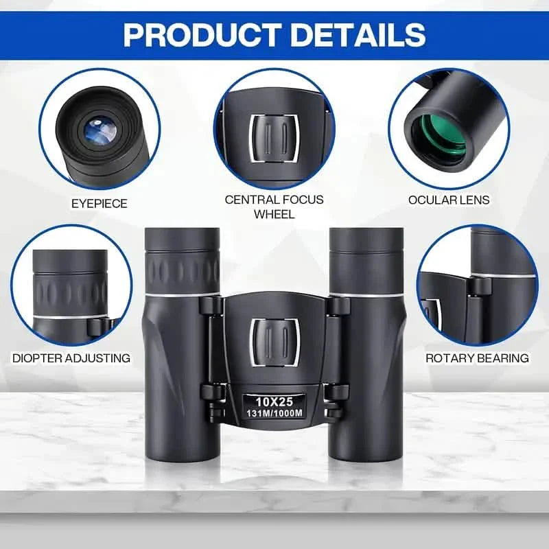 High Powered Mini Pocket Binoculars 10x25 with Phone Adapter – Compact, Lightweight, Portable – Black by DailySale